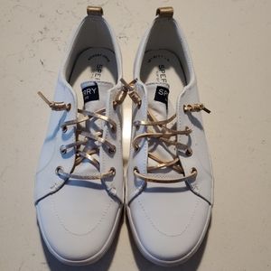 Sperry Crest Topsider White Leather Sneakers w Rose Gold Laces Womens Size 7.5